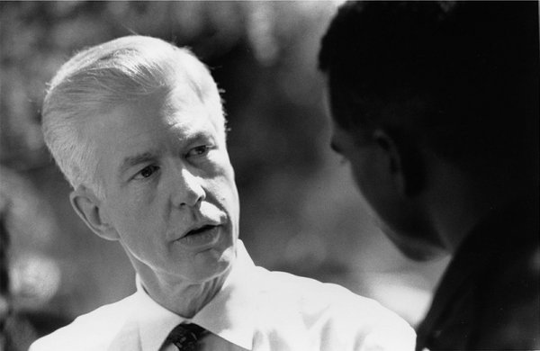 Governor Gray Davis Speaking with a local resident following a town-hall meeting in Southern California.