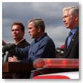 Governor Arnold Schwarzenegger, President Bush, and Governor Davis Speaking To Firemen and Citizens Following A Massive Southern California Wild Fire.