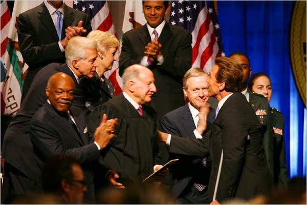 Former Governor Davis joined by California Chief Justice Ronald George, Former Governor Wilson, Willie Brown, and other dignitaries congratulates Governor Schwarzenegger at his second inauguration