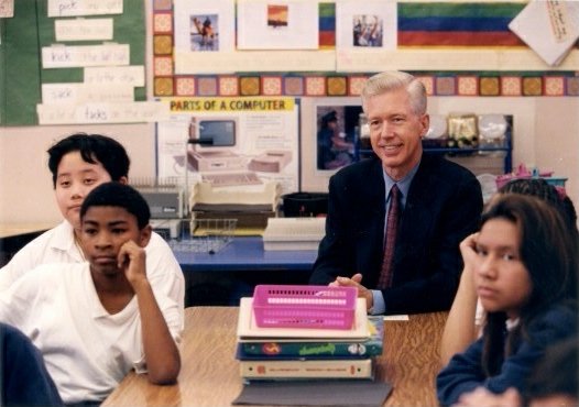 Governor Gray Davis joins school kids during their instruction time in Southern California.